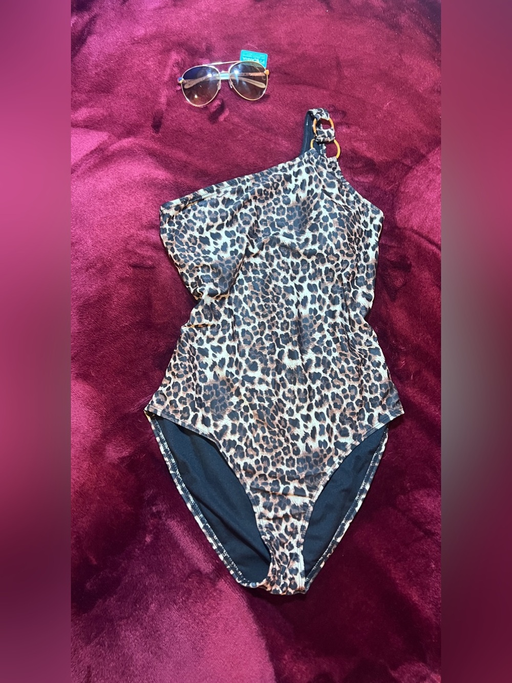 Nine West Leopard One-Piece Swimsuit w/ Gold Metallic Ring Detail on Strap NWOT